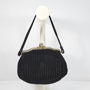 Vintage Black Pleated Kiss Lock Evening Handbag Made in USA